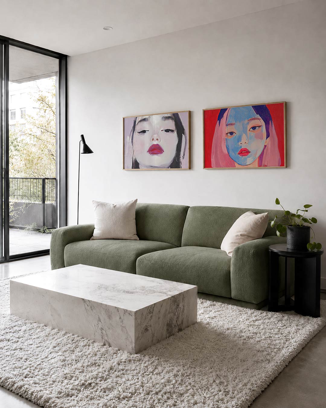 Tweedelige posterset met donkere tinten en een rustige visuele opbouw, getoond in een interieur