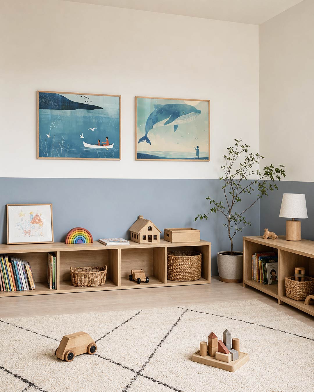 Twee liggende posters met een serene scène met een kano op kalm water, aan de muur in een interieur
