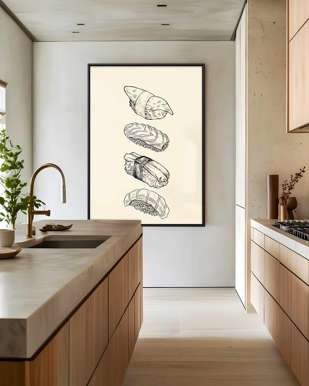 Sushi Illustratie op Beige Achtergrond Kunstwerk-canvas-dibond-plexiglas-wanddecoratie-WallArtistic