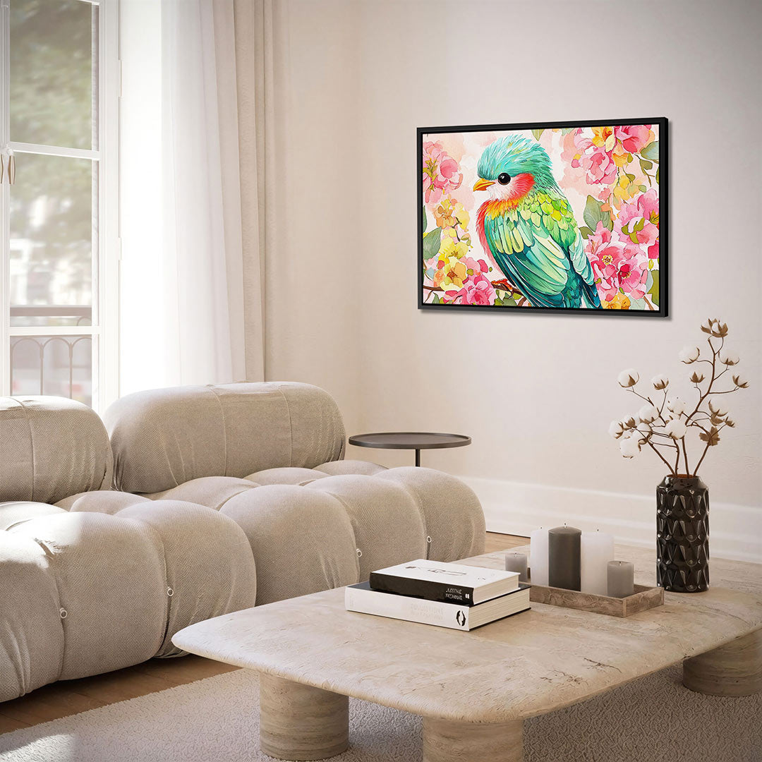 Vrolijke vogel en bloemen Kunstwerk