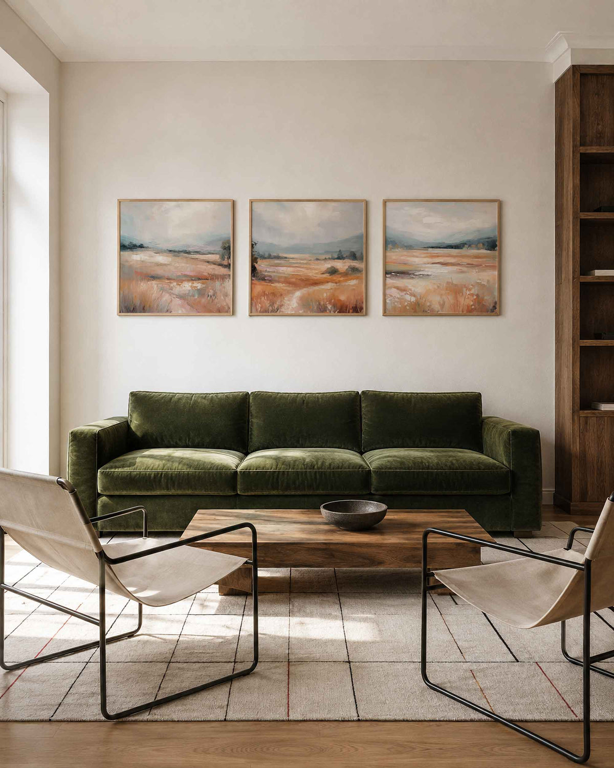 Interieurpresentatie van een driedelige vierkante posterset met abstracte landschappen