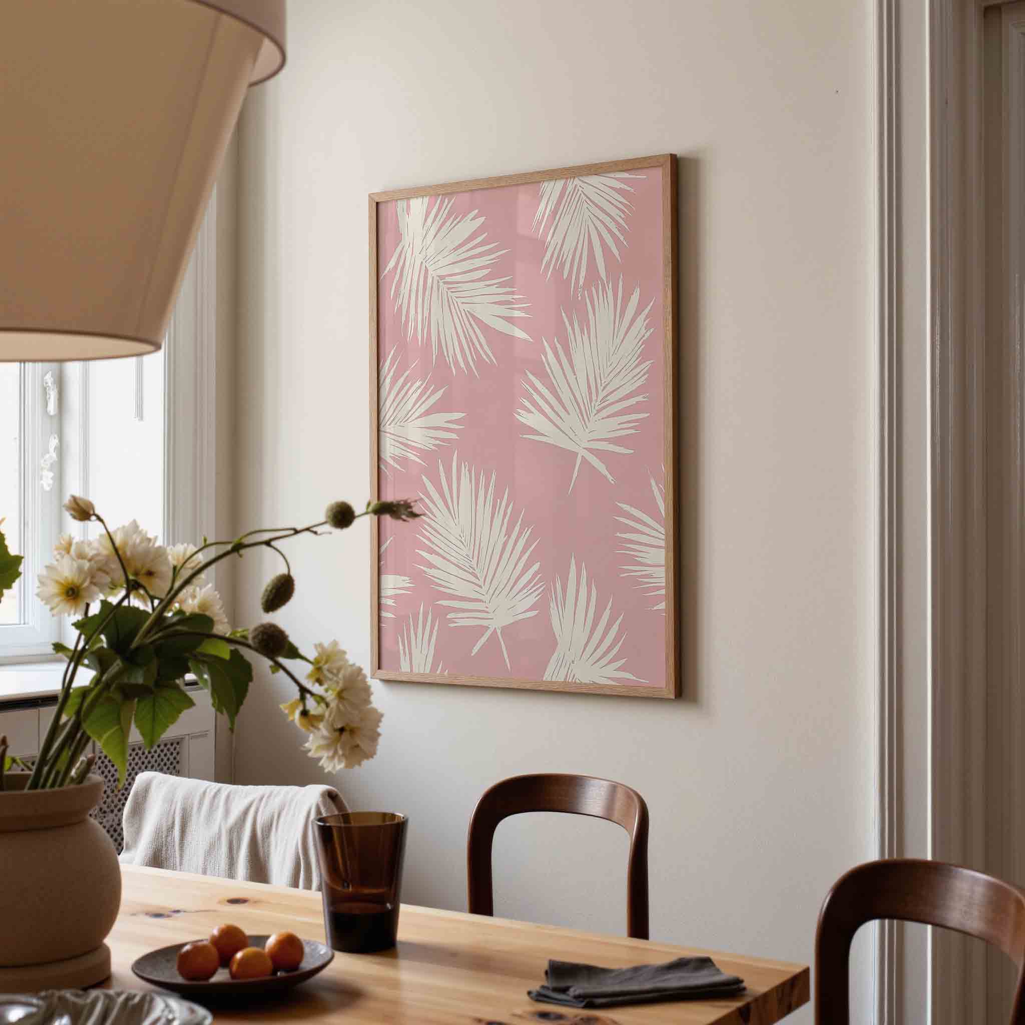 Beige bladeren op roze Poster