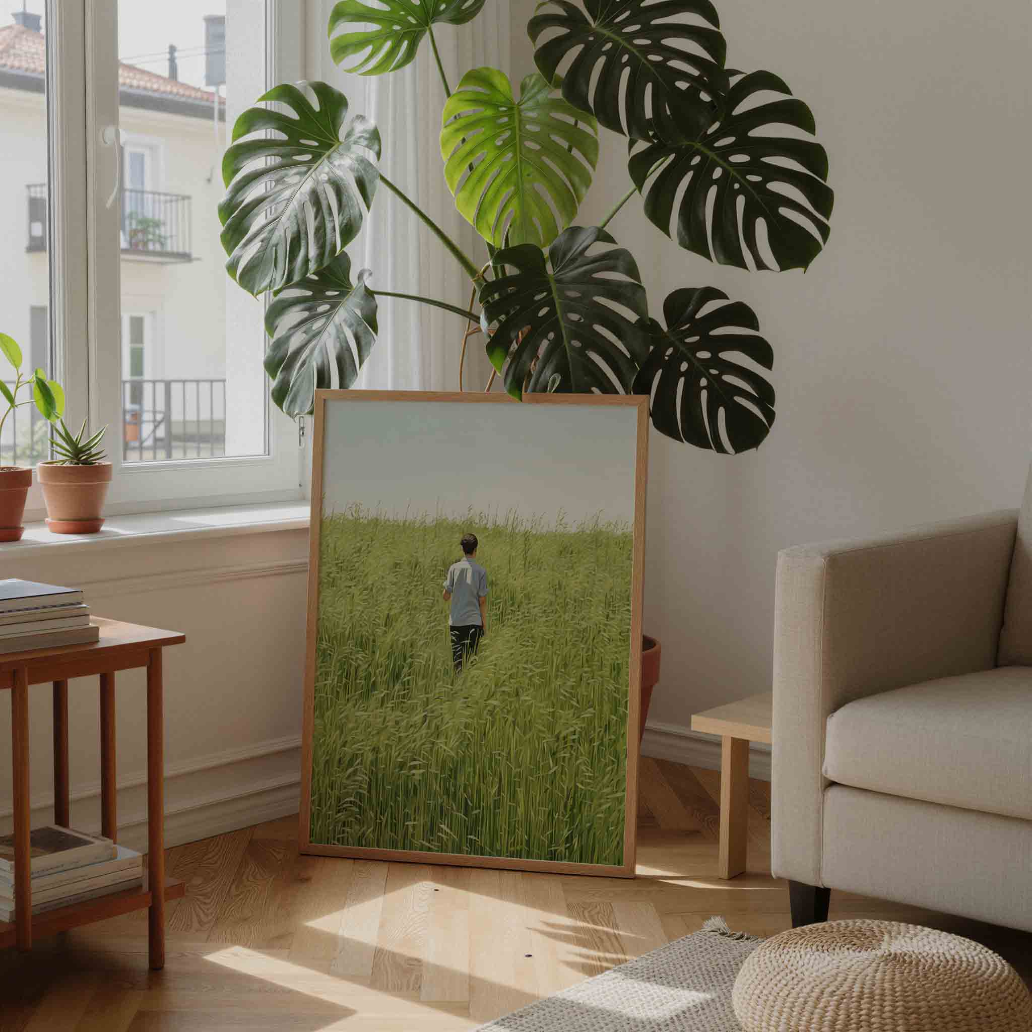 Persoon in groen veld Poster