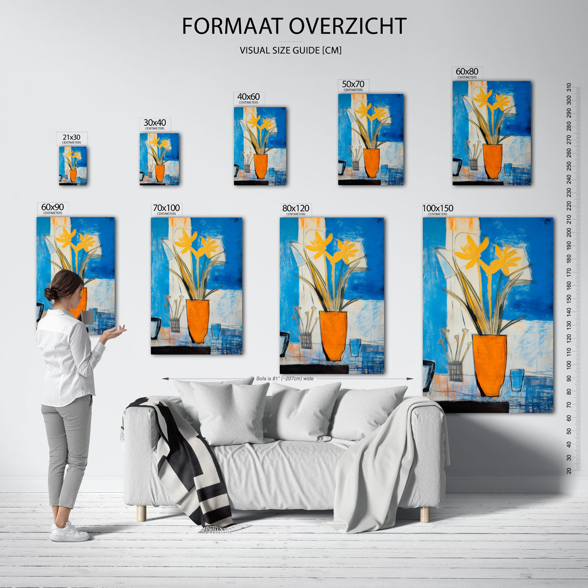 Gele bloemen in oranje vaas Poster