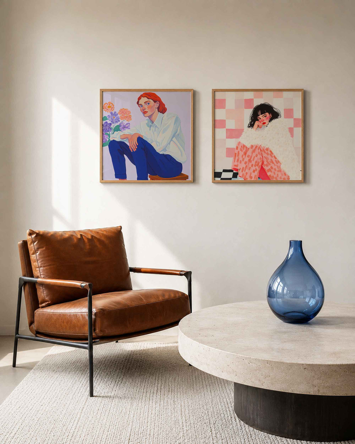 Interieurpresentatie van een tweedelige vierkante posterset met portretten met bloemen