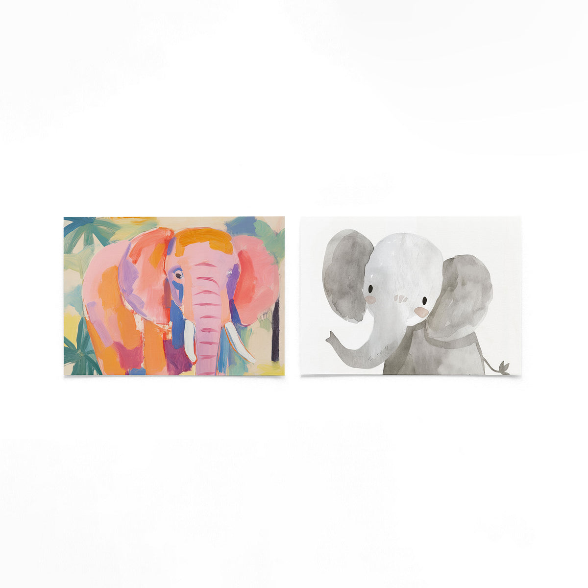Twee liggende posters met een speelse olifant op een gebroken witte achtergrond