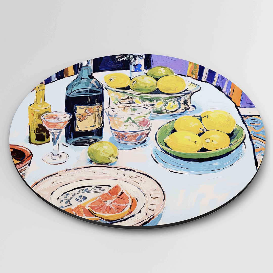 Citrus en flessen op tafel Muurcirkel