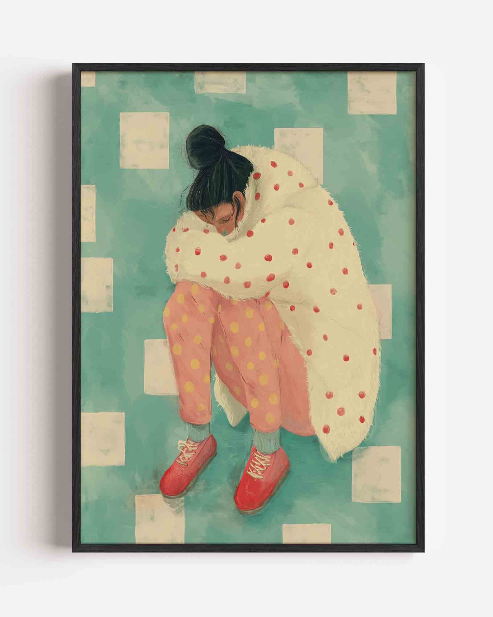 Vrouw in stippenjas Poster