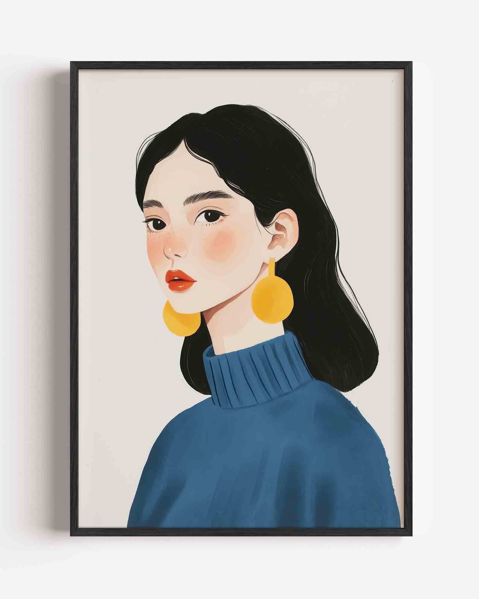 Portret met gele oorbellen Poster