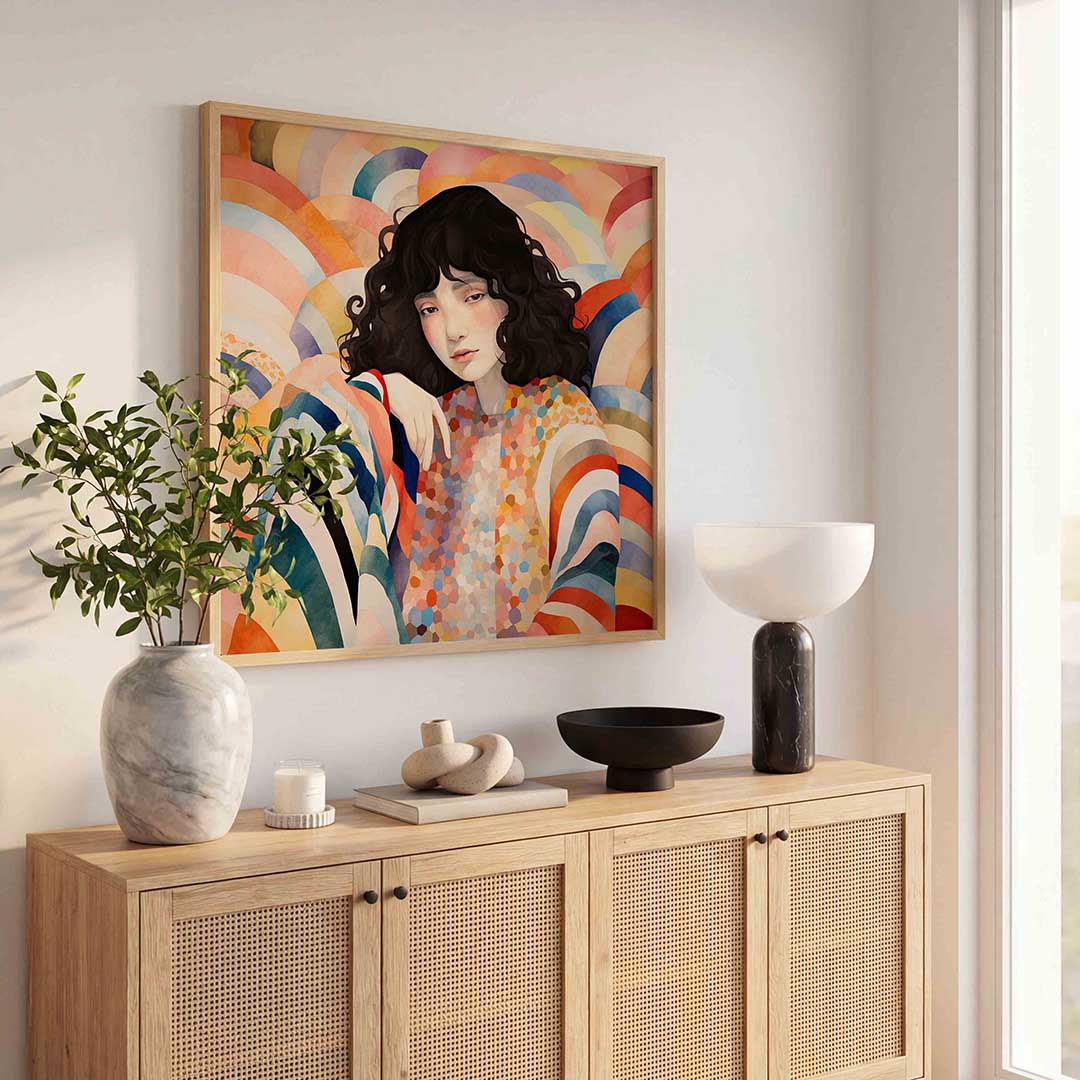 Vrouw met kleurrijke achtergrond Poster