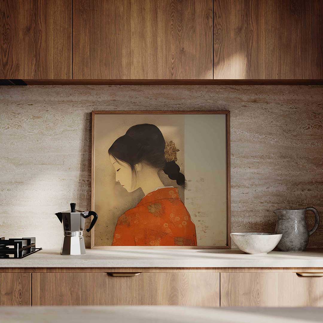 Vrouw in rode kimono Poster