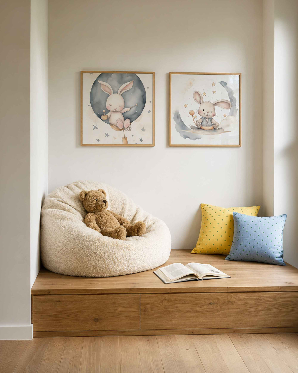 Interieurpresentatie van een tweedelige vierkante posterset met konijnen en sterren