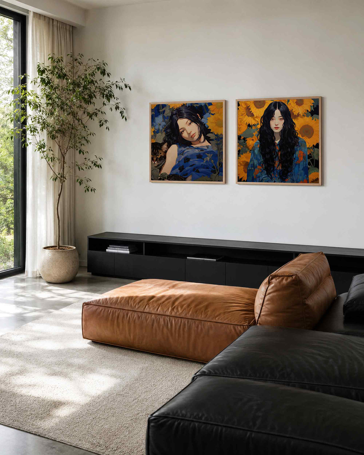 Interieurpresentatie van een tweedelige vierkante posterset met meisjes en zonnebloemen