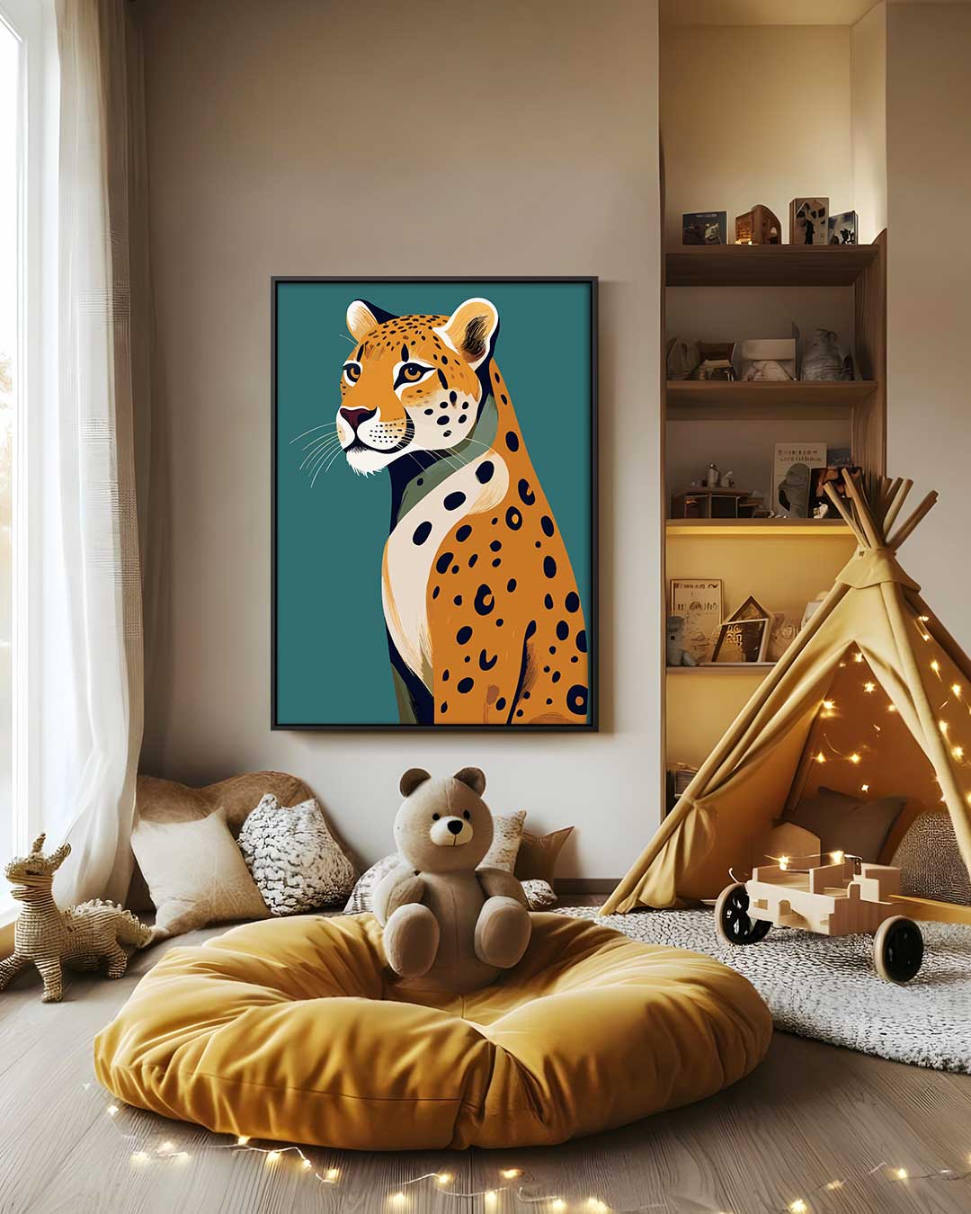 Majestätischer Leopard auf türkisfarbenem Hintergrund (Kunstwerk)