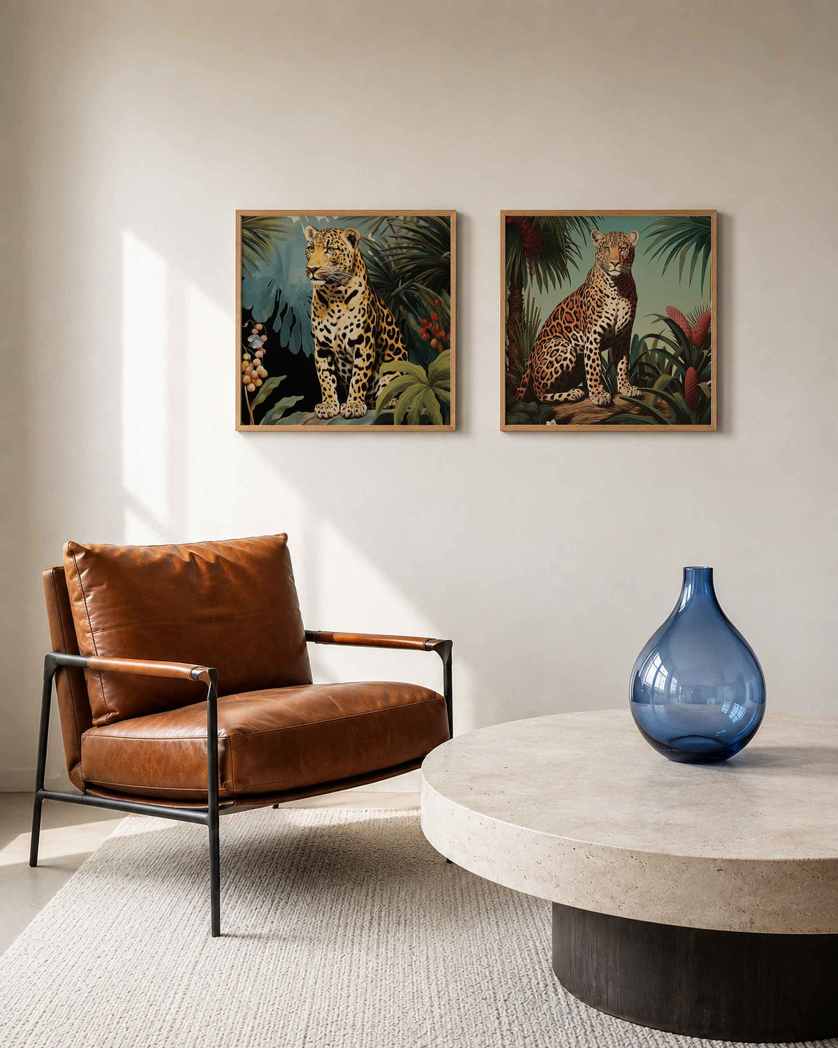 Interieurpresentatie van een tweedelige vierkante posterset met twee luipaarden in tropisch groen