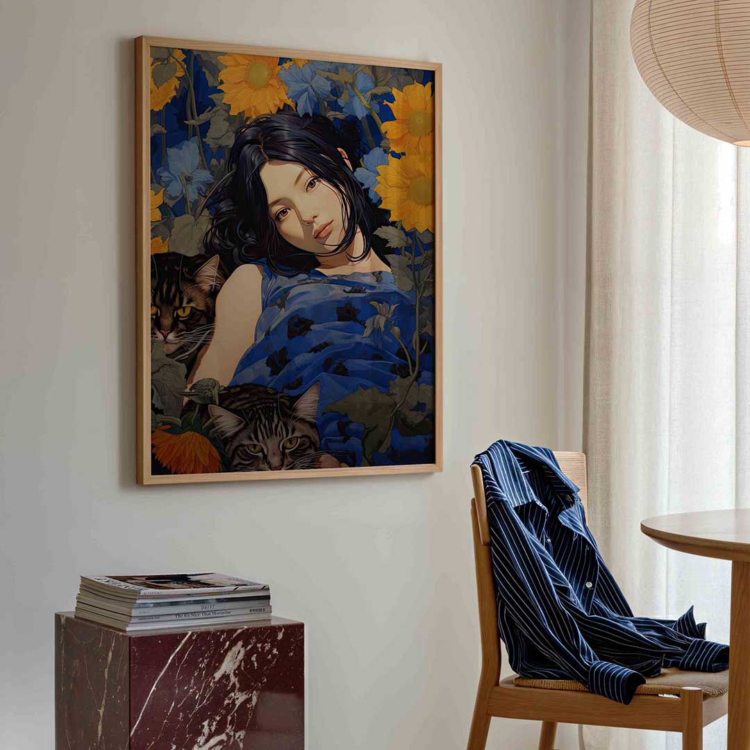 Vrouw met katten en zonnebloemen Poster