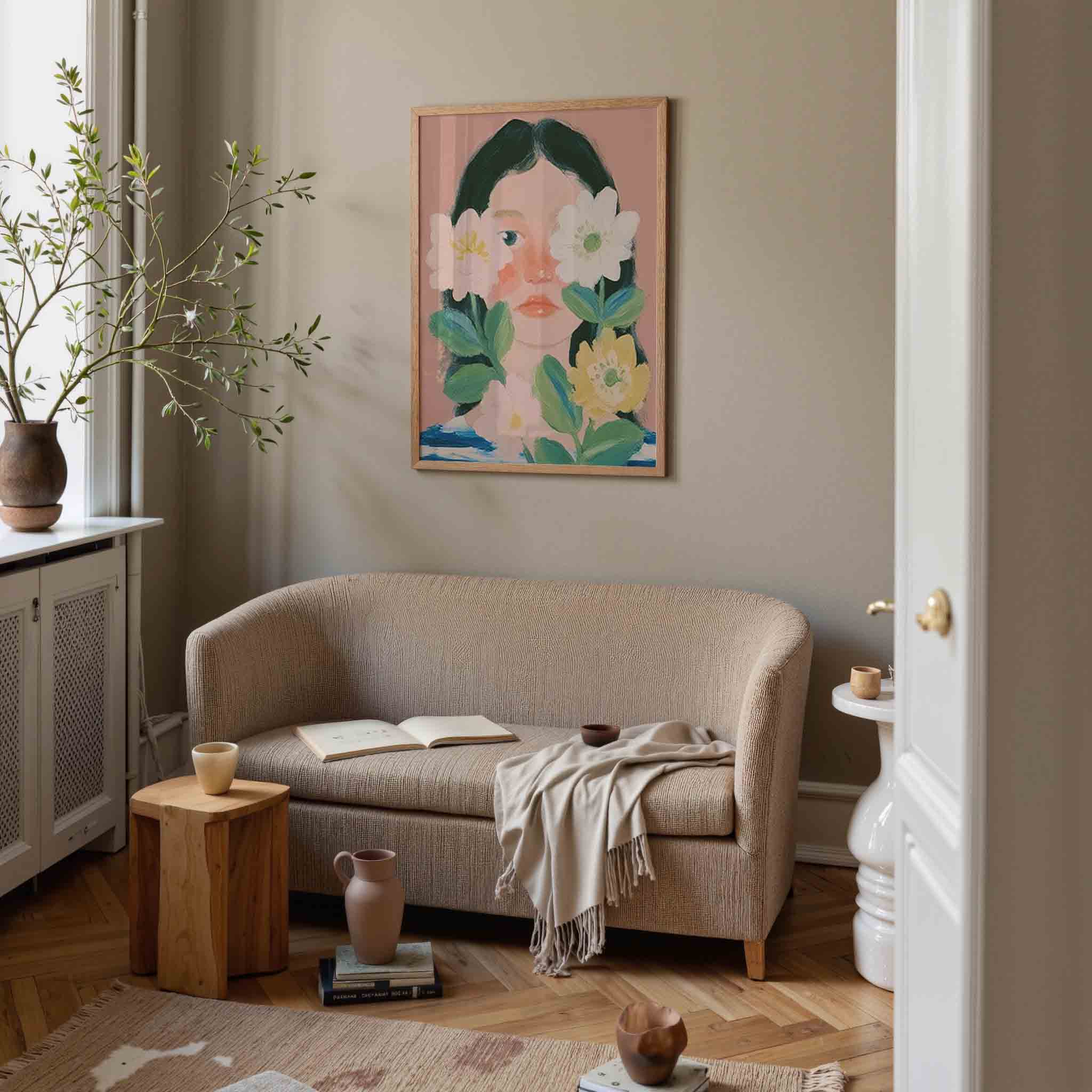 Bloemen en gezicht Poster