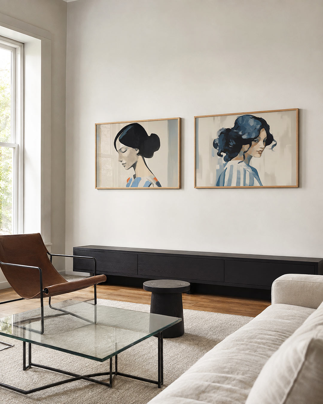 Twee liggende posters met een compositie met zachte, vloeiende lijnen en fijne kleurvlakken, aan de muur in een interieur