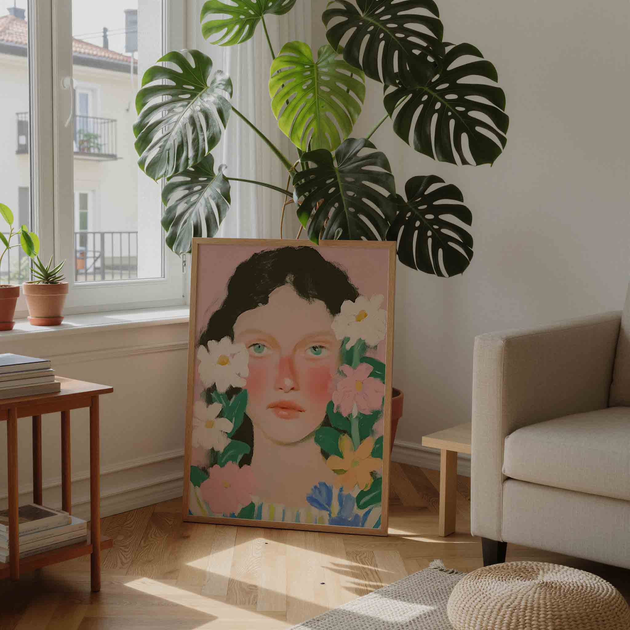 Bloemen en gezicht Poster