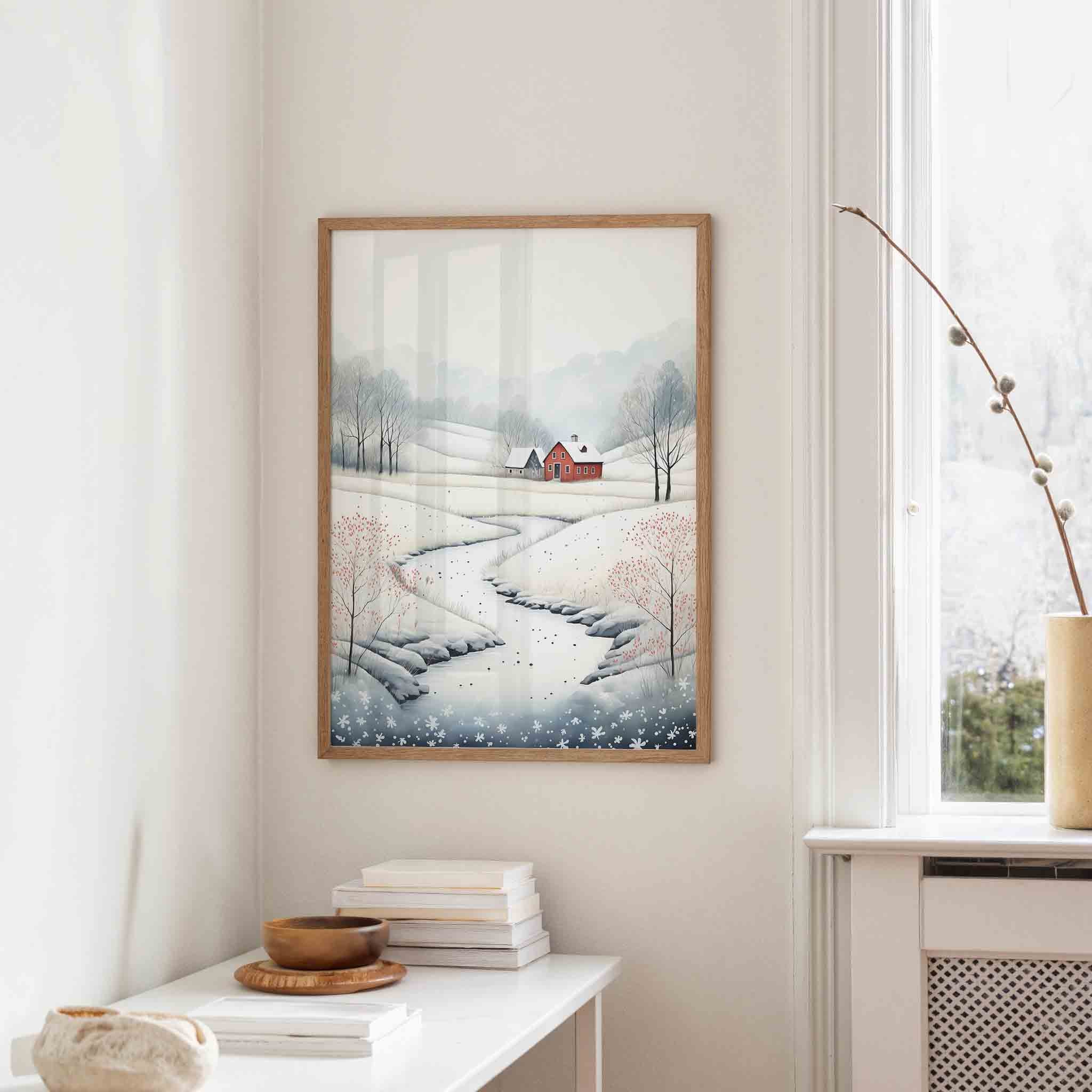 Winterlandschap met rode boerderij Poster