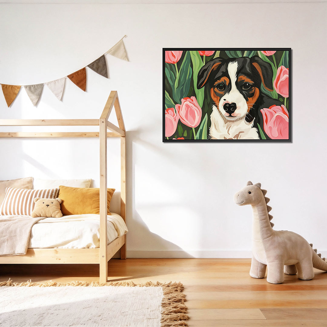 Hond met tulpen Kunstwerk