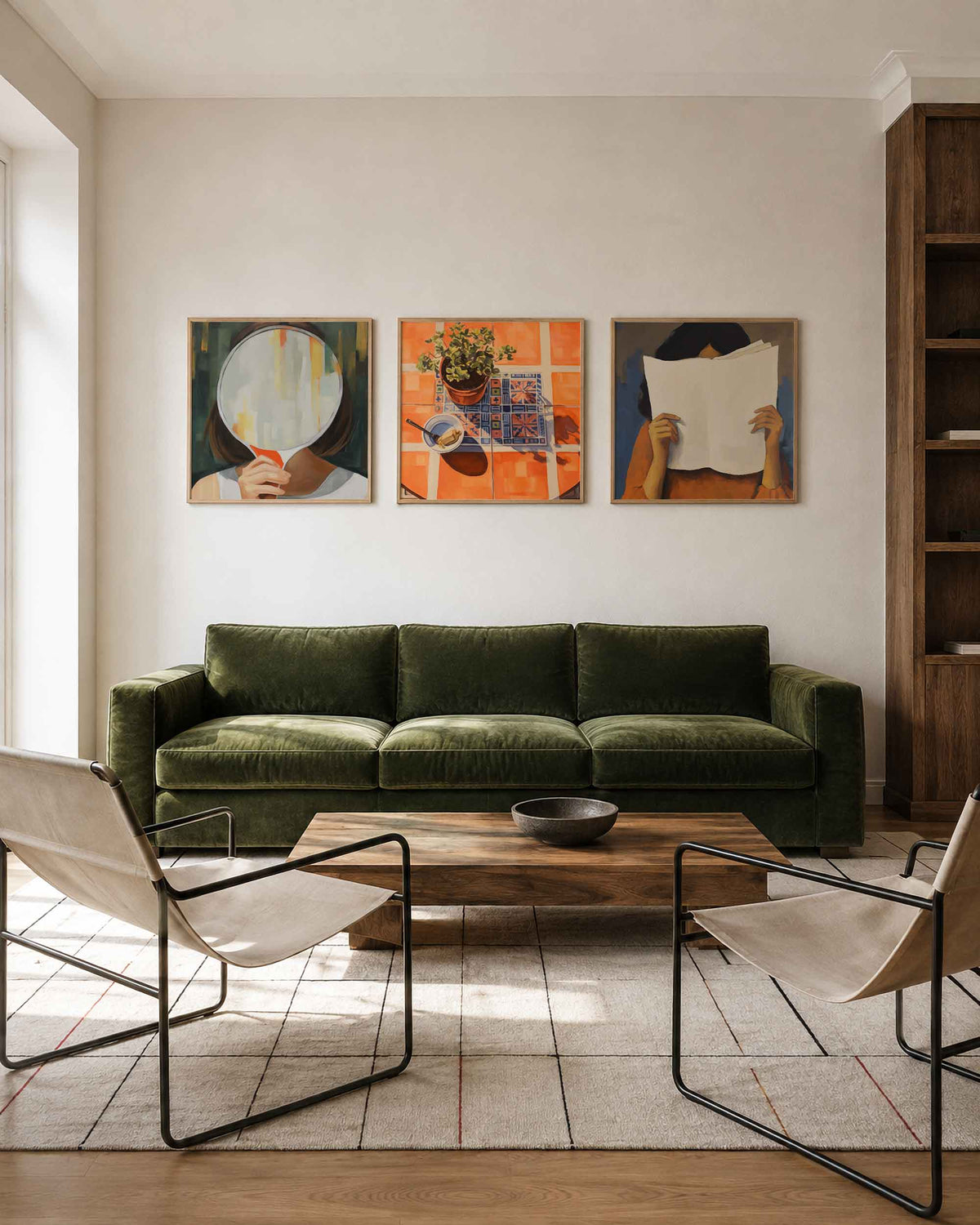 Interieurpresentatie van een driedelige vierkante posterset met spiegel plant lezer