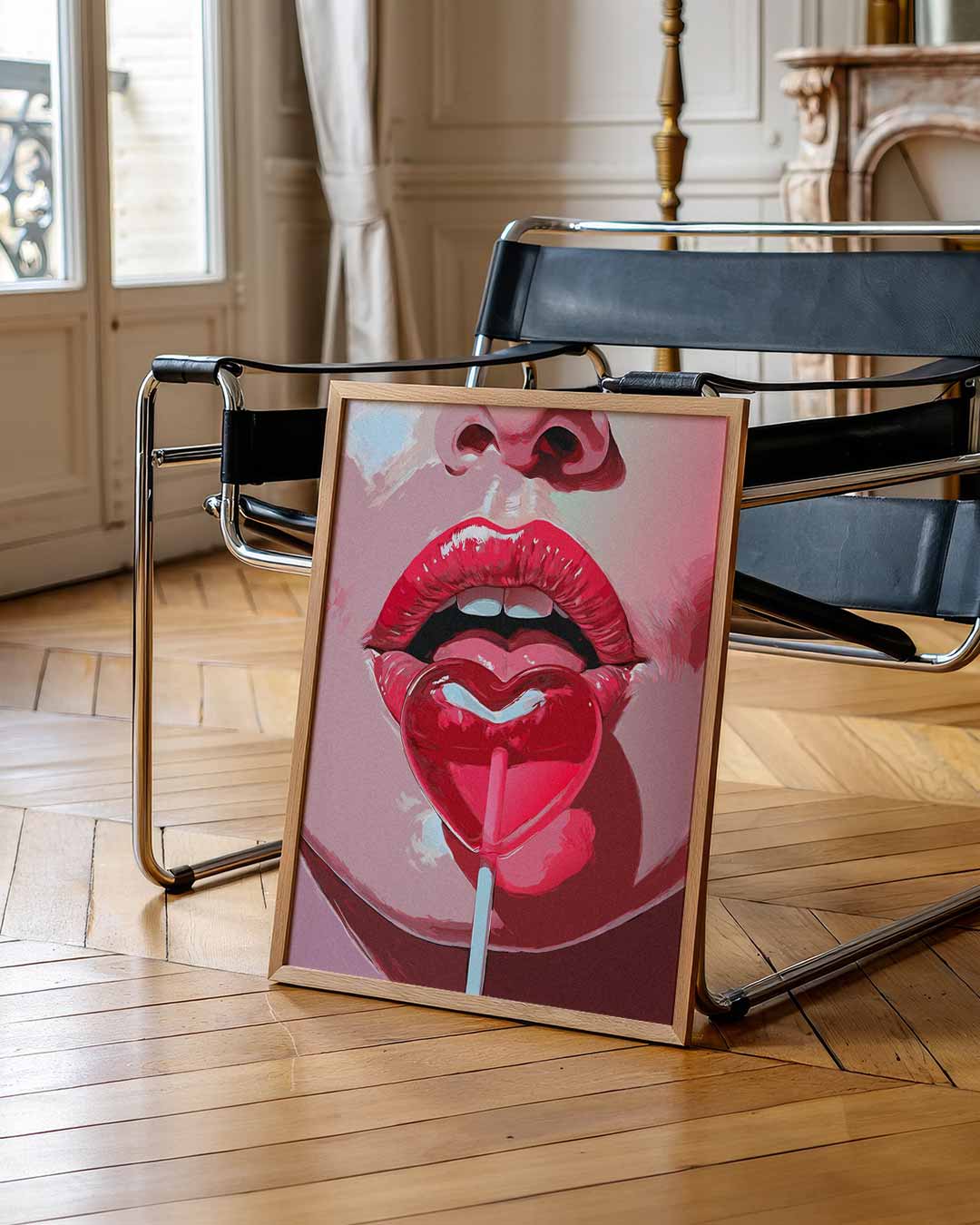 Lippen met Hartvormige Lolly Poster-WallArtistic