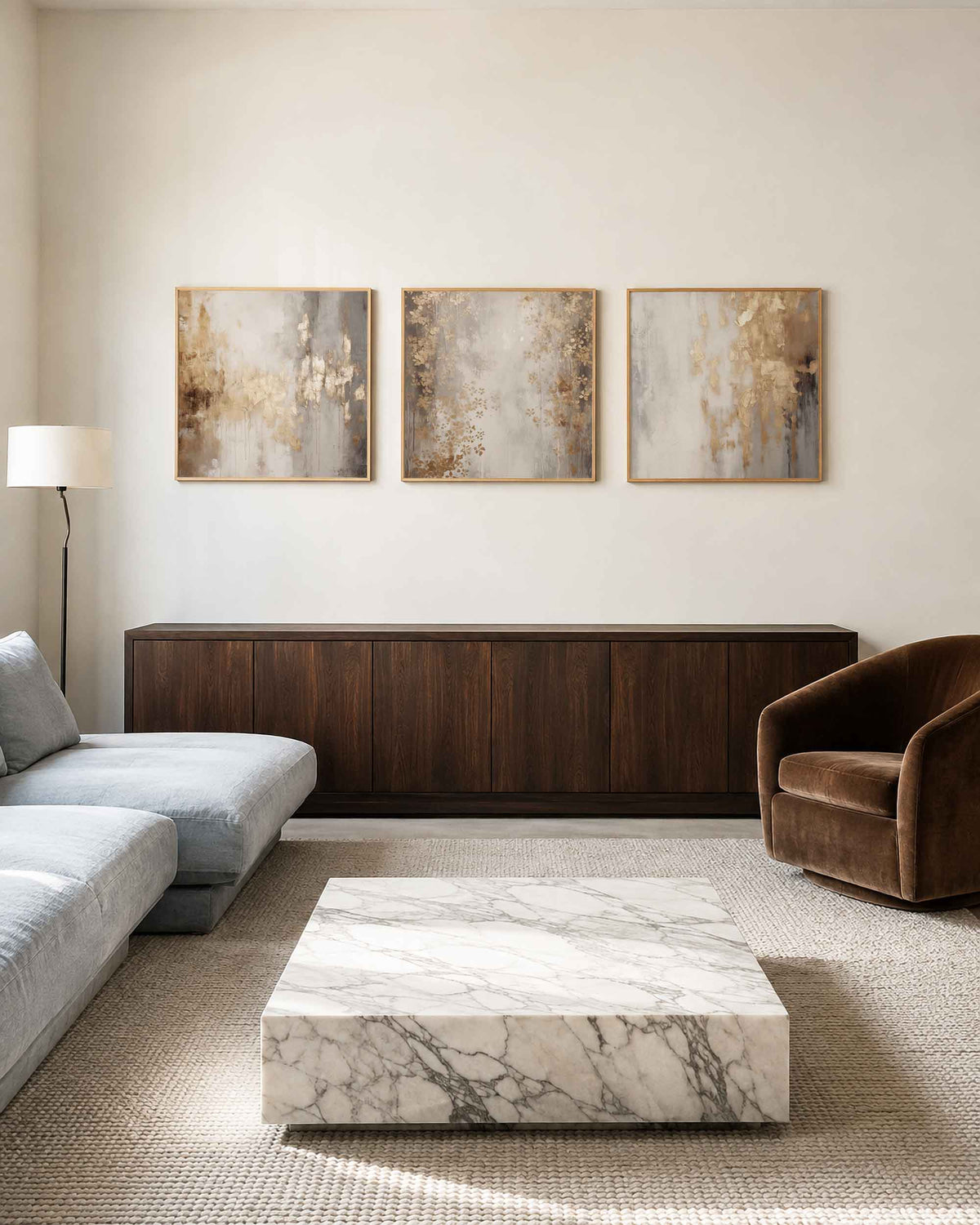 Interieurpresentatie van een driedelige vierkante posterset met abstracte beige vormen
