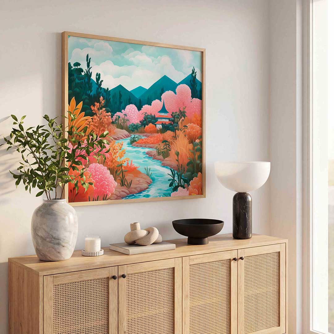 Landschap met bergen en rivier Poster