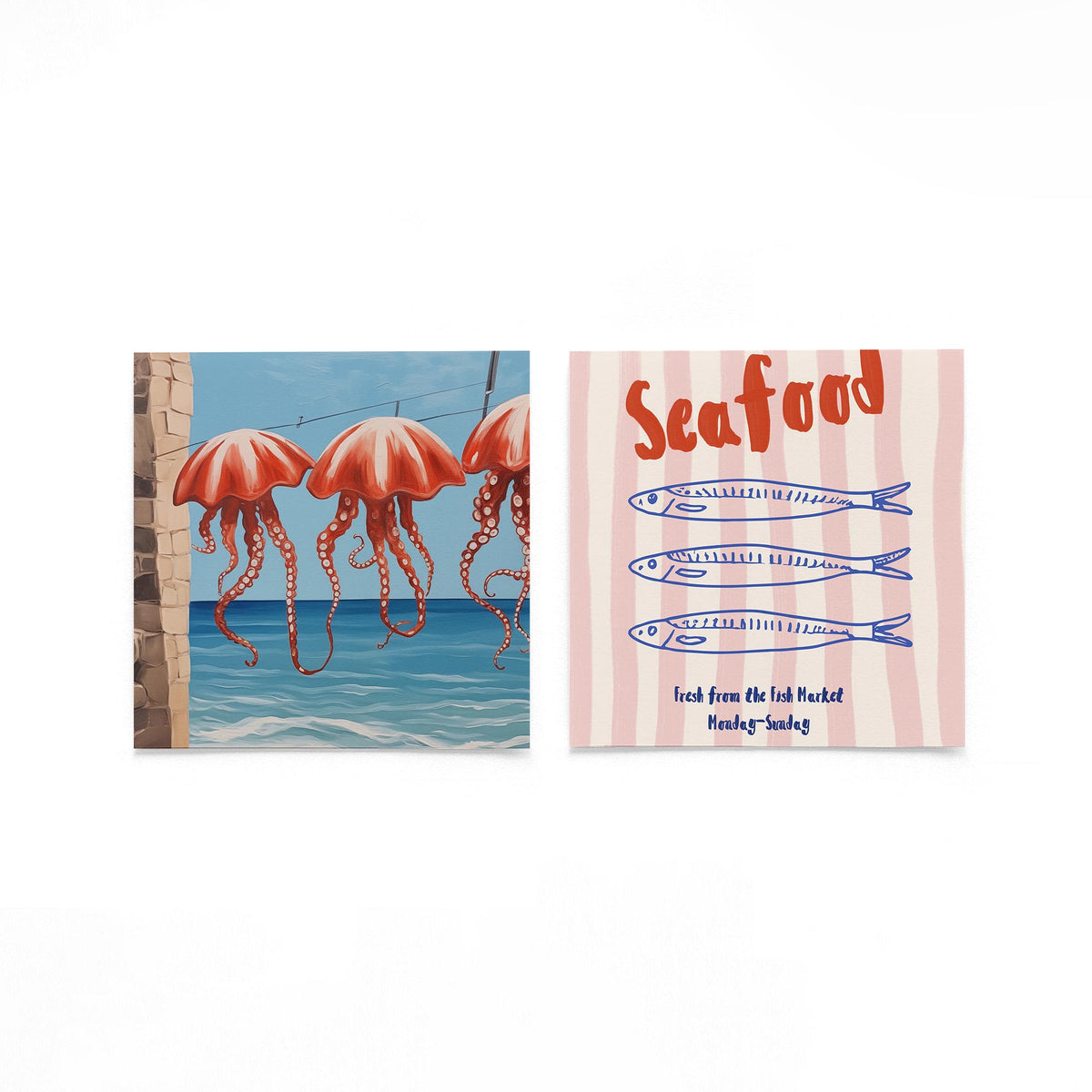 Twee vierkante posters met octopussen en sardines op een gebroken witte achtergrond