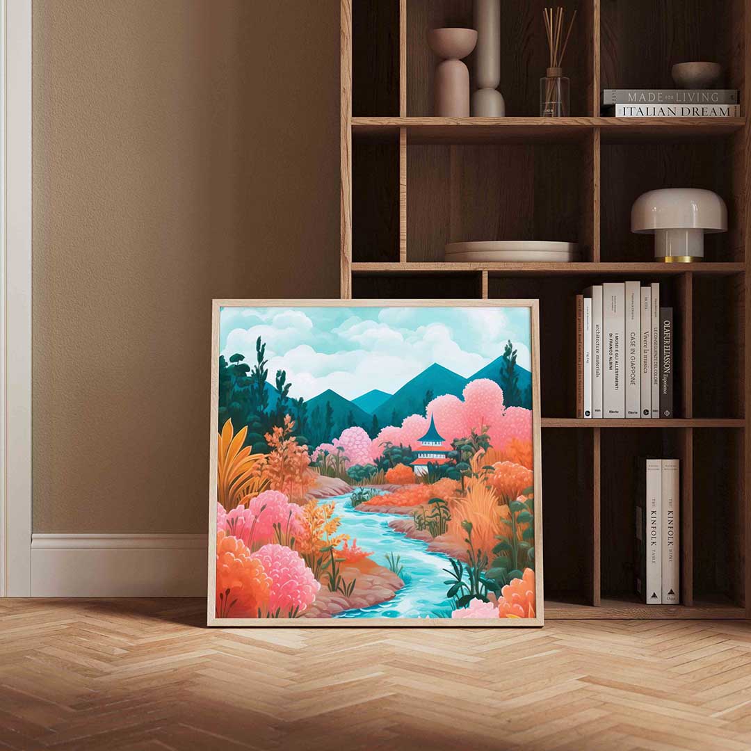 Landschap met bergen en rivier Poster