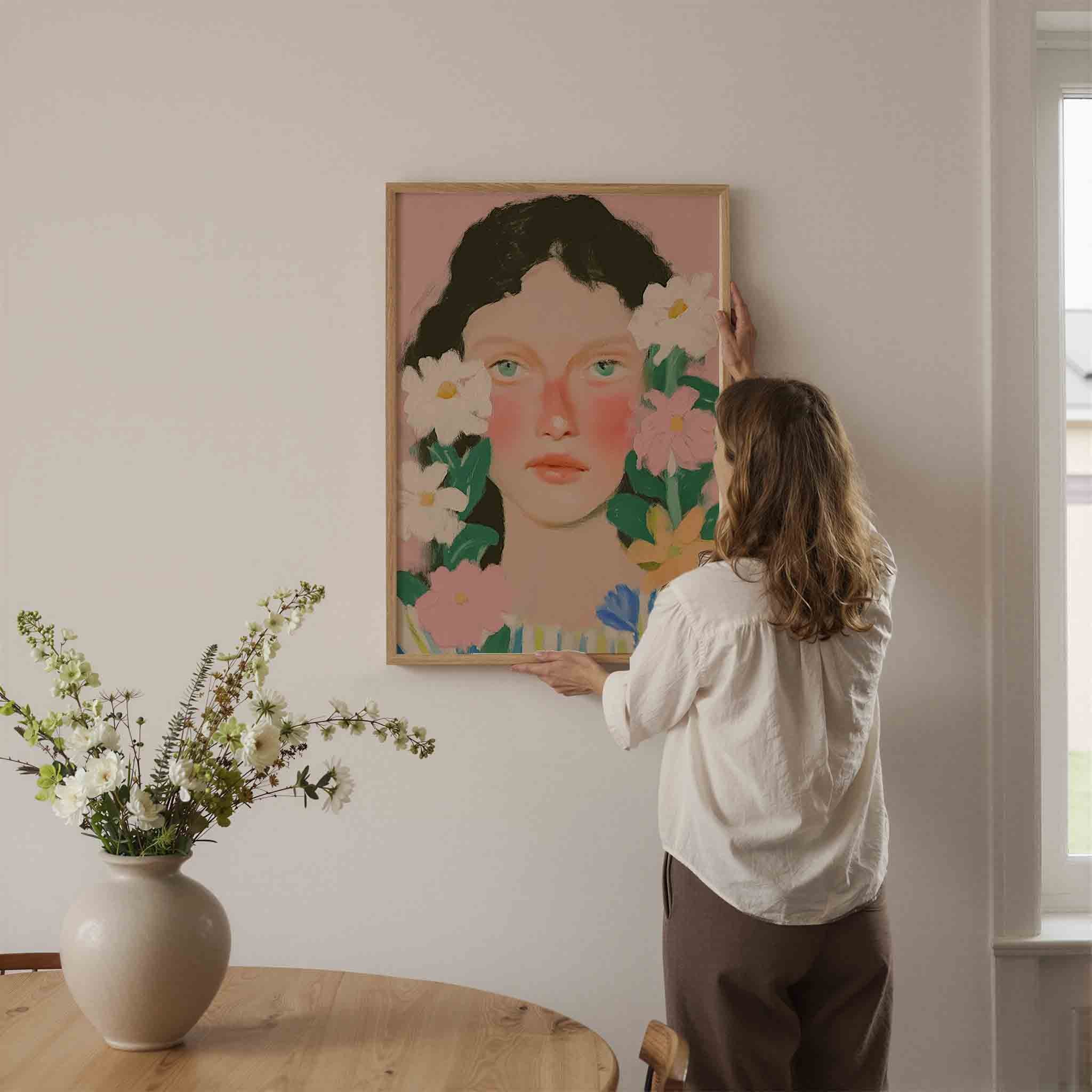 Bloemen en gezicht Poster
