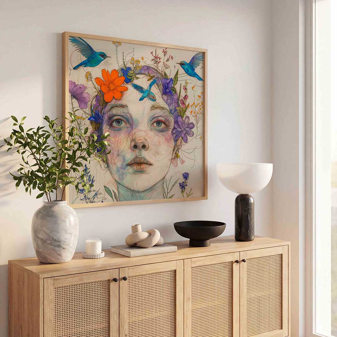 Vrouw met bloemen en vogels Poster