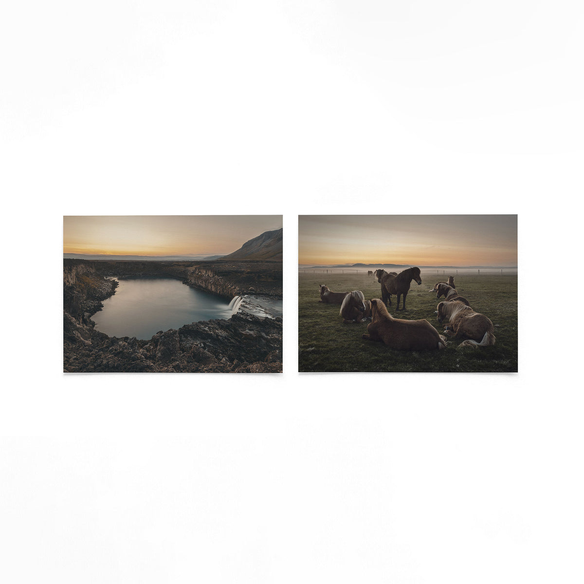 Productfoto van twee liggende posters met waterval en ochtendpaarden – Gerald Emming