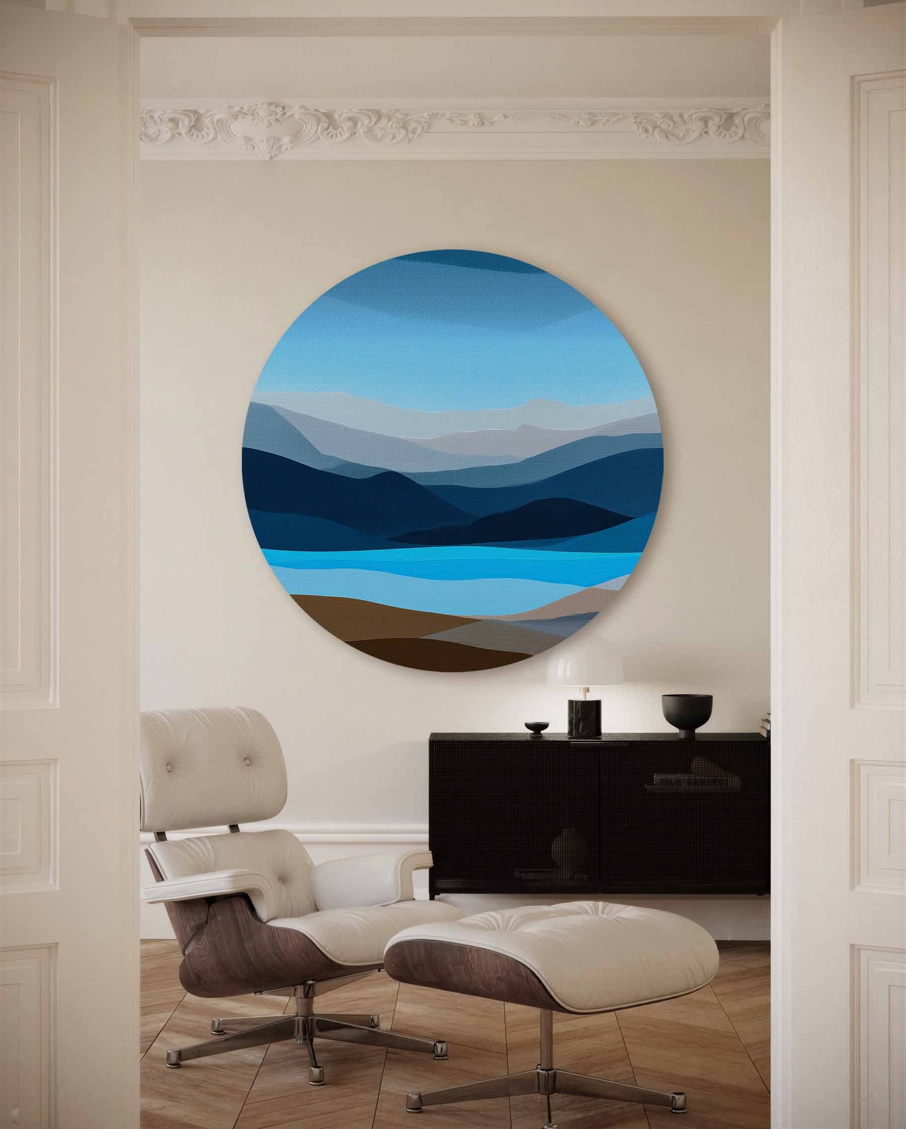 Landschap in blauw en bruin Muurcirkel