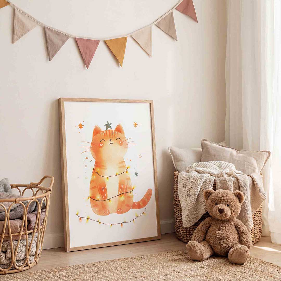 Kerstkat met lichtjes Poster