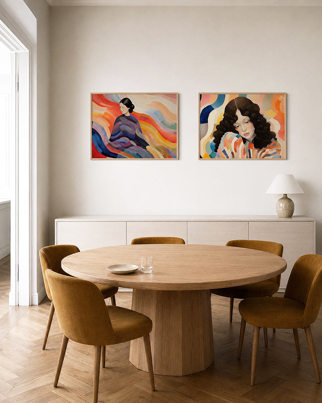 Interieurpresentatie van twee posters met een vrouw omgeven door golvende kleurbanen