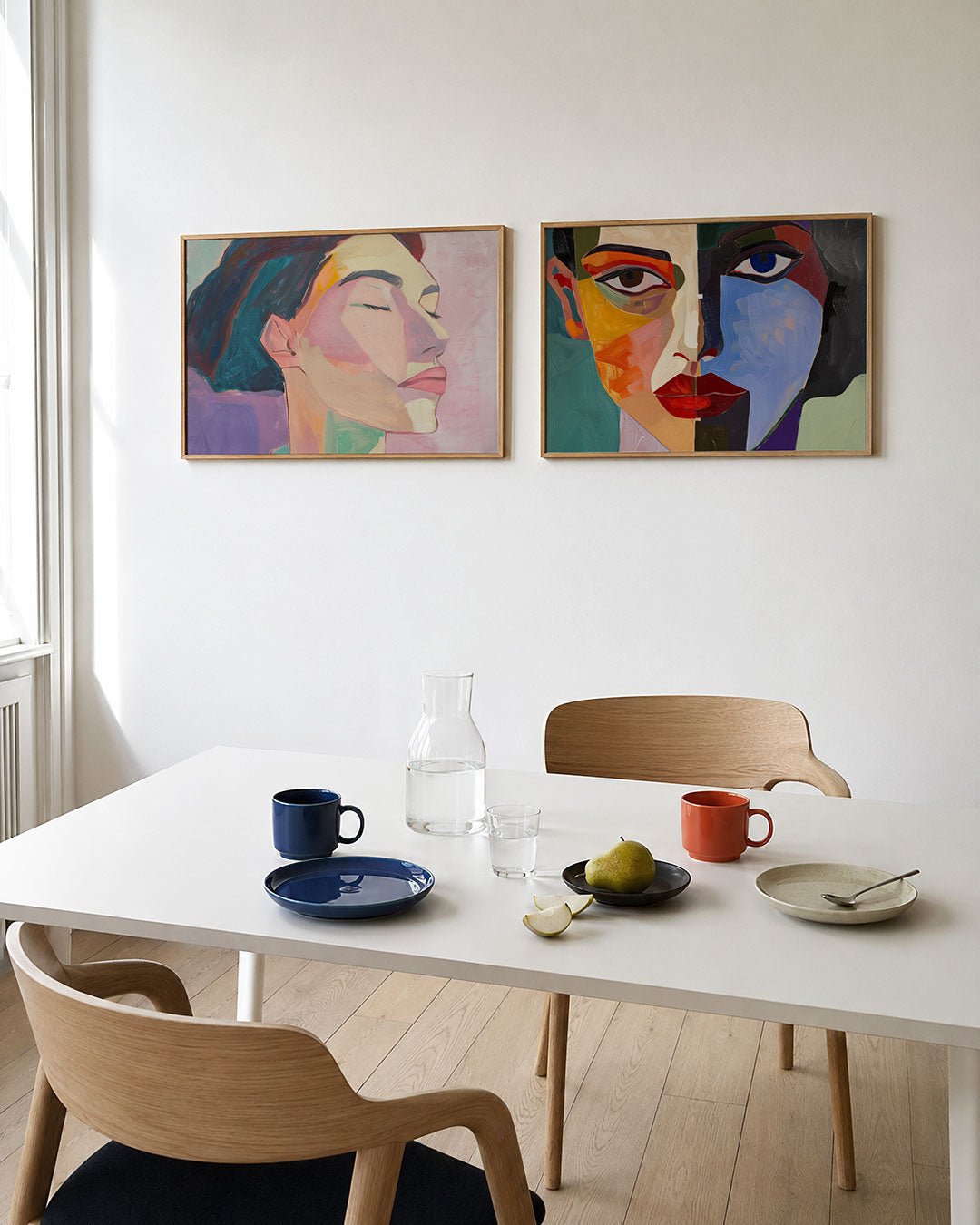 Tweedelige posterset met een gezicht in zijaanzicht, opgebouwd uit zachte kleurvlakken, getoond in een interieur