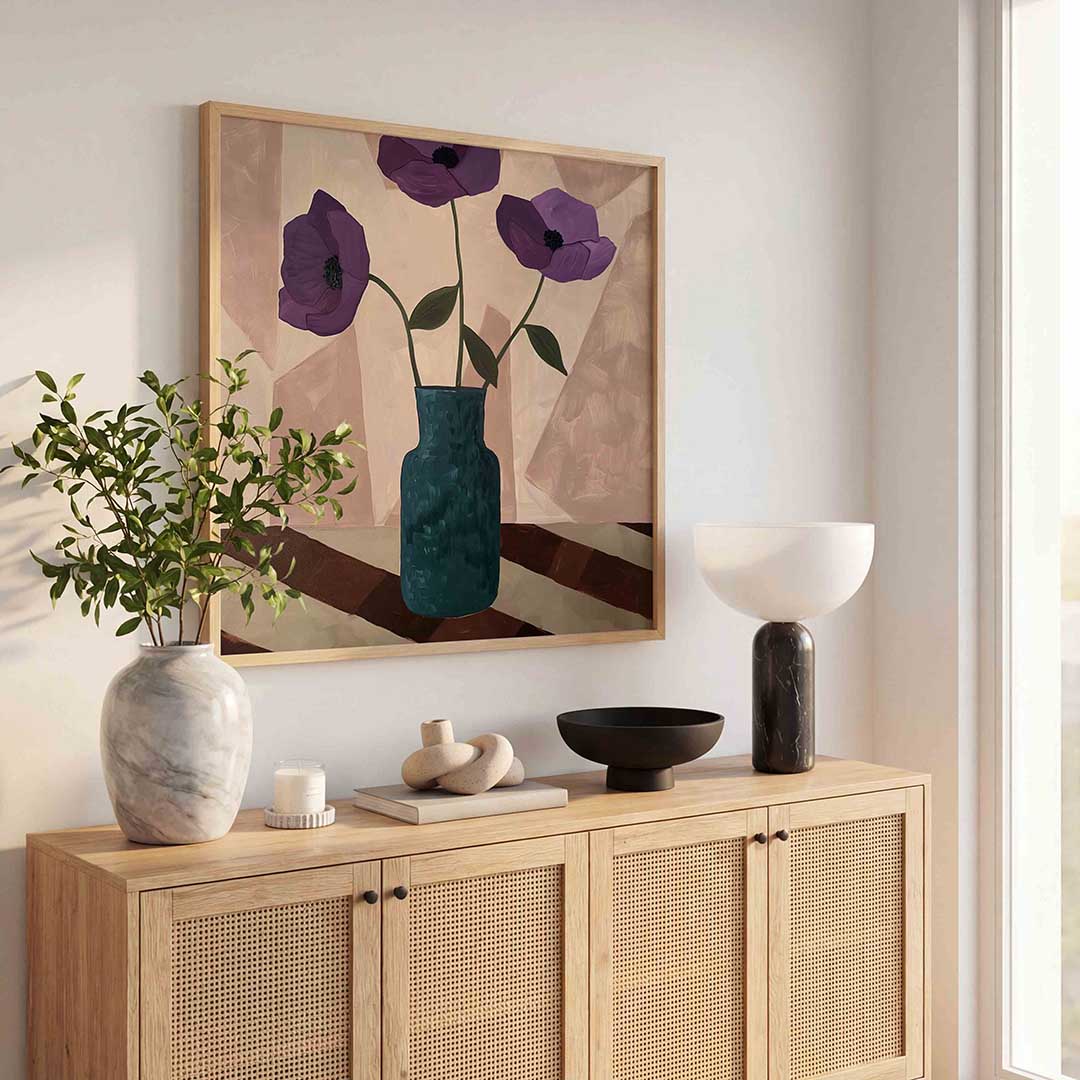 Paarse bloemen in vaas Poster