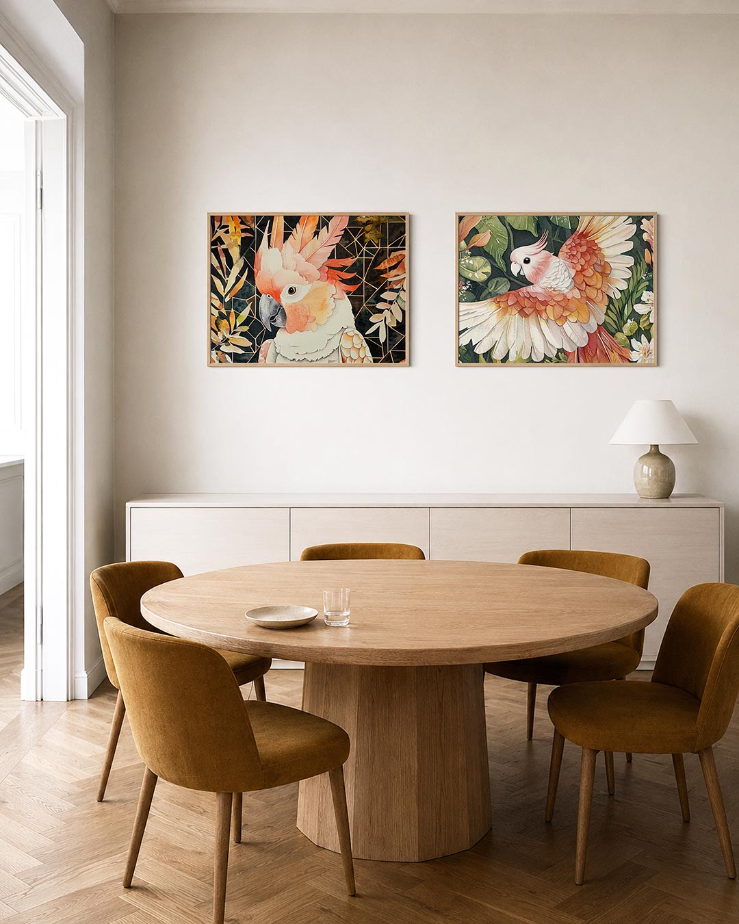 Tweedelige posterset met een kleurrijke vogel met zachte veren in oranje en roze tinten, getoond in een interieur