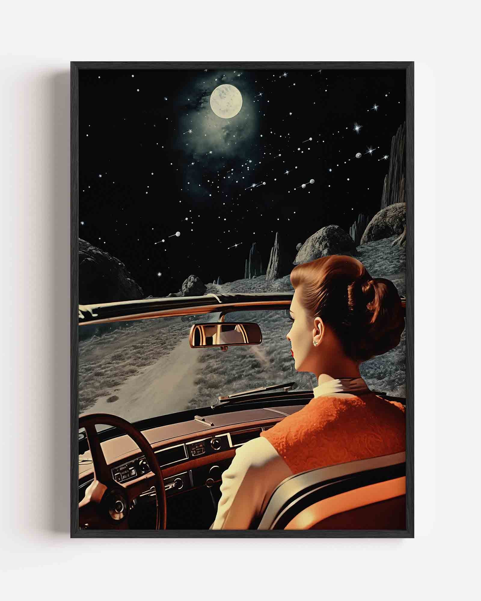 Vrouw in auto onder sterrenhemel Poster