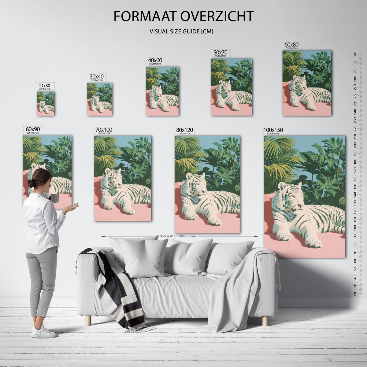 Witte tijger met bladeren Poster