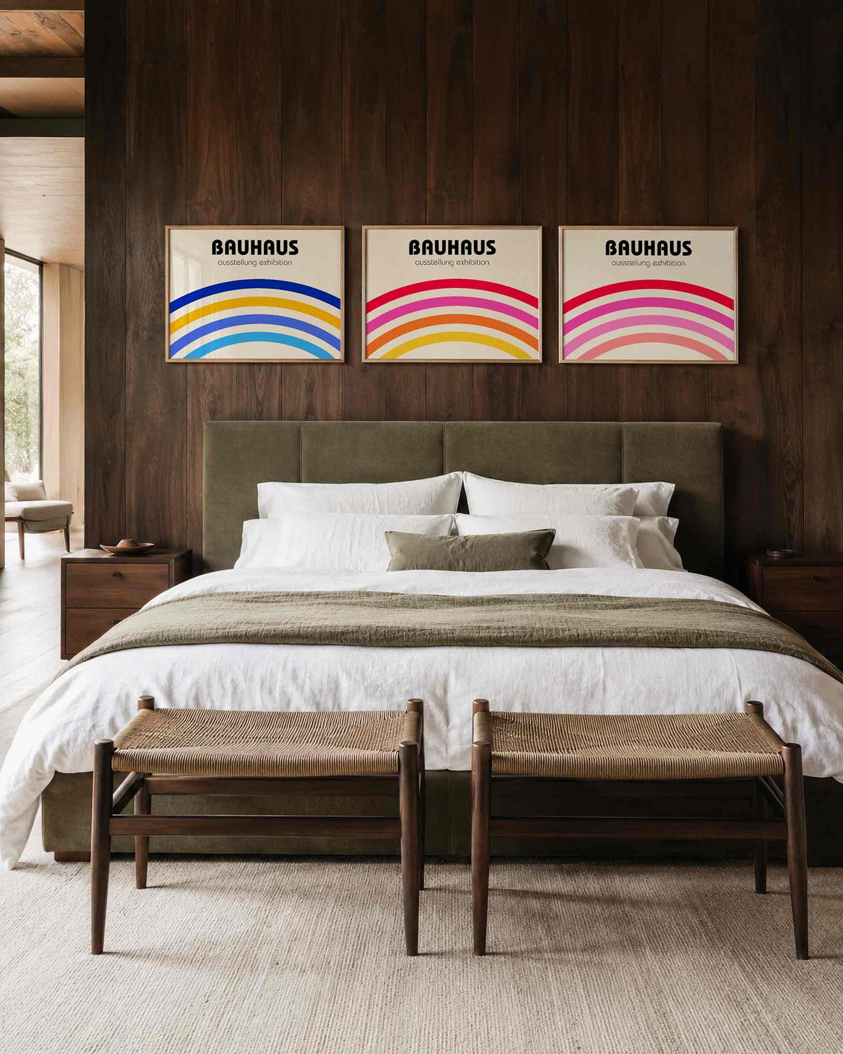 Interieurmockup van drieluik landscape-posterset met kleurrijke regenbogen