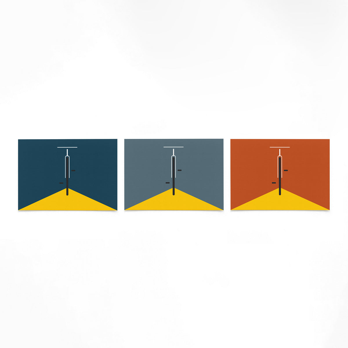 Drie landscape posters met kleurvlakken met centrale lijn als vrijstaande productfoto