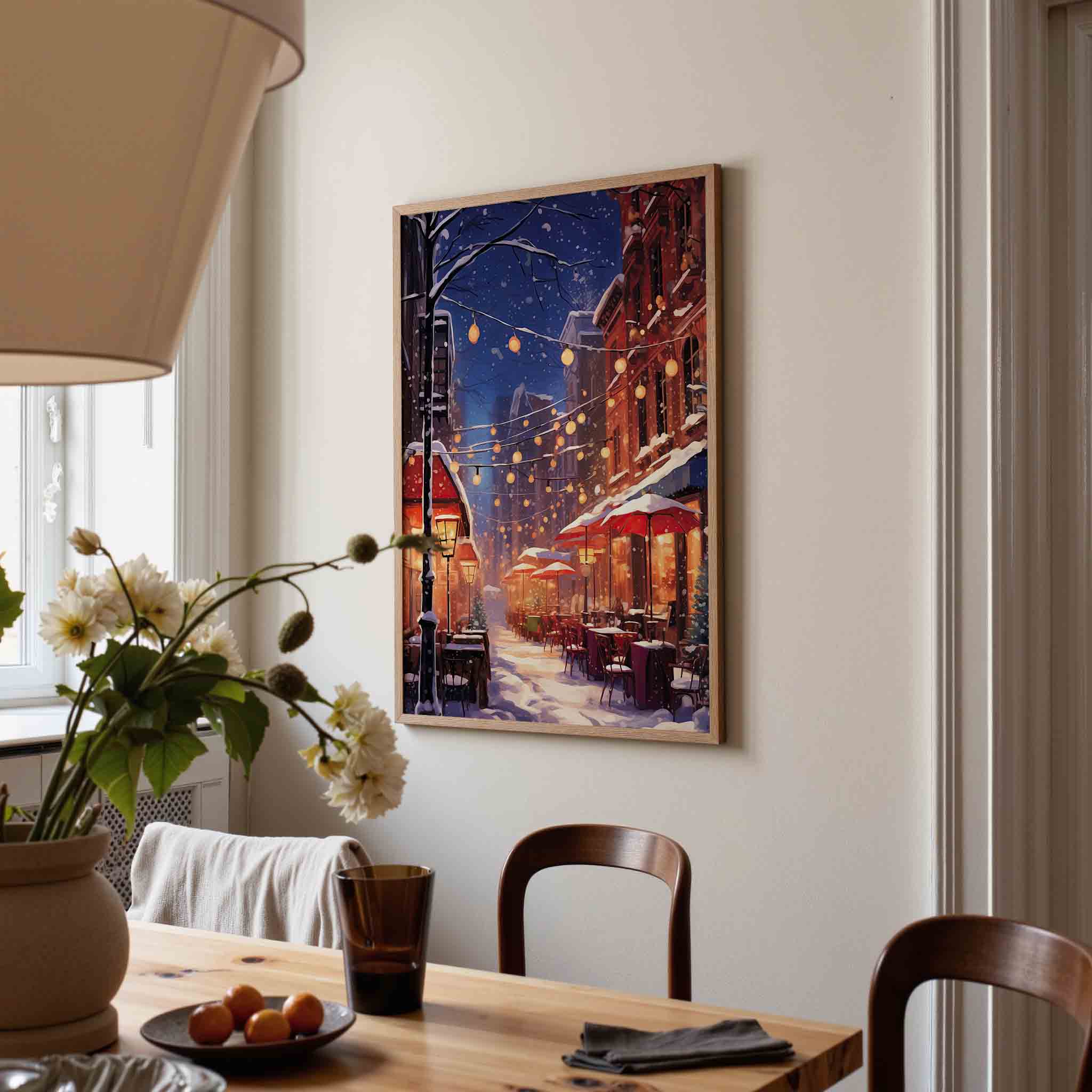 Winterse straat met verlichting Poster