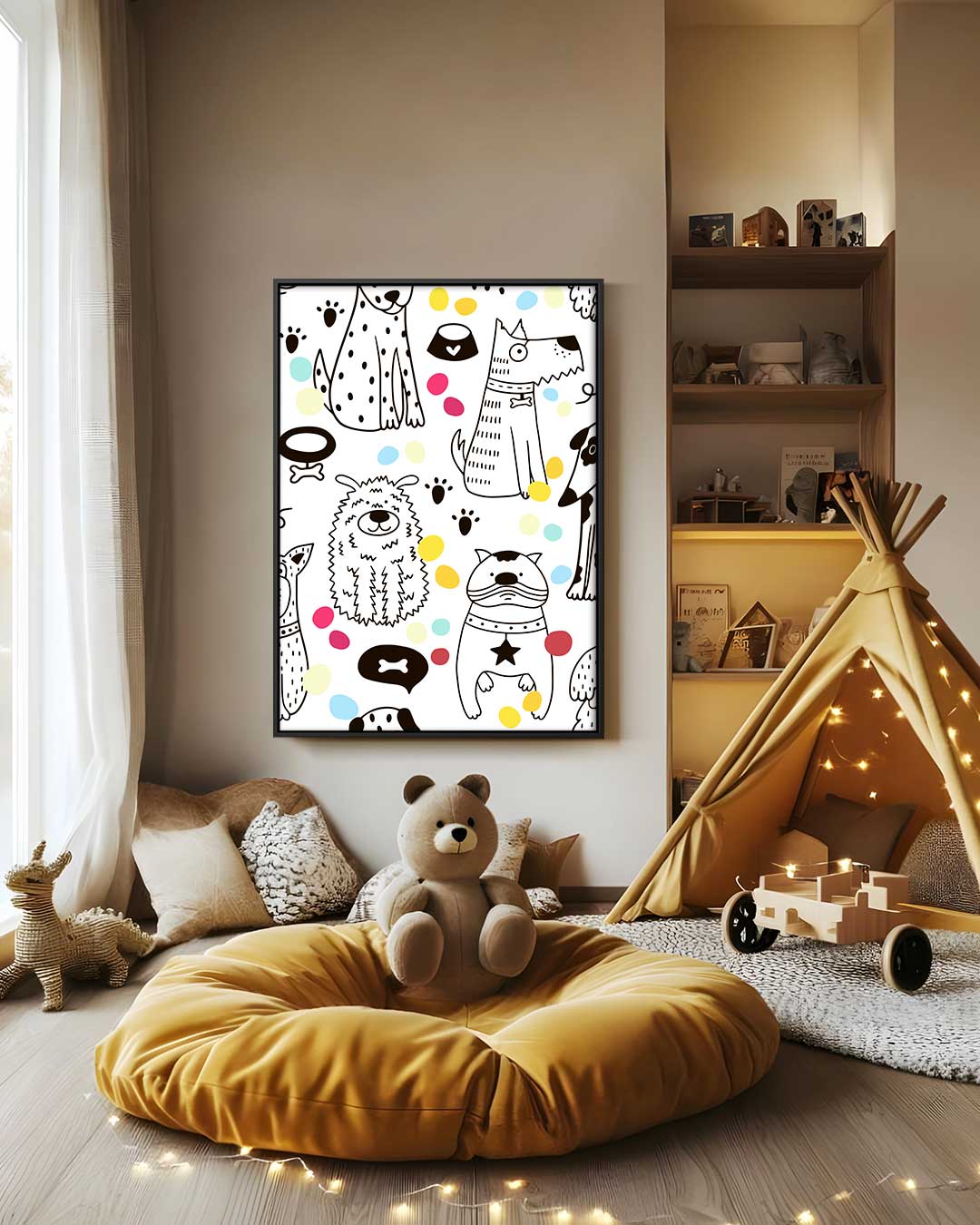 Vrolijke Honden Illustratie Kunstwerk-canvas-dibond-plexiglas-wanddecoratie-WallArtistic
