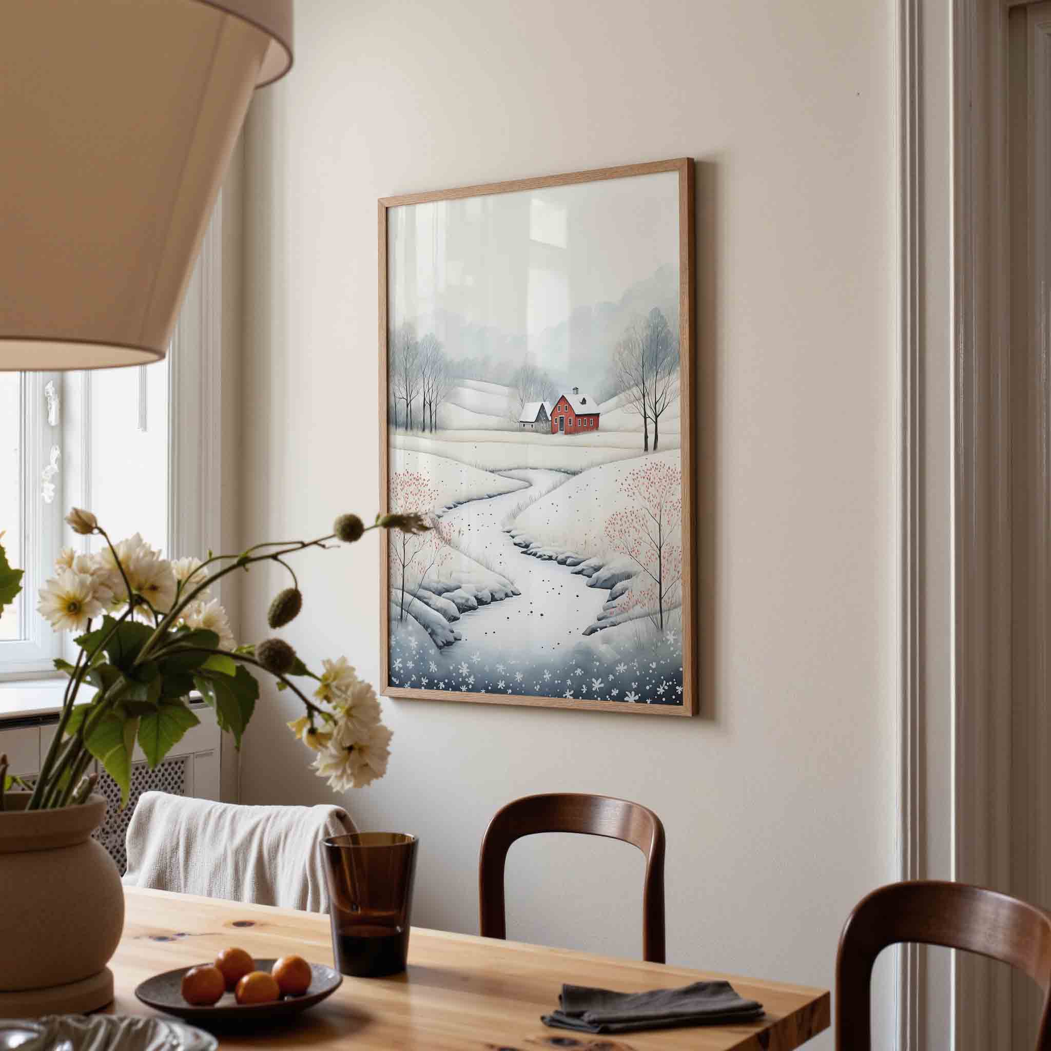 Winterlandschap met rode boerderij Poster