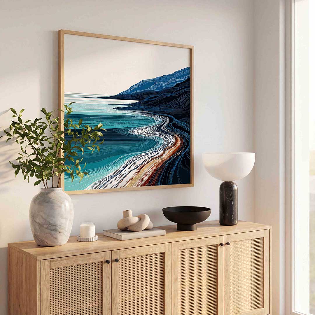 Kustlijn met blauwe golven Poster