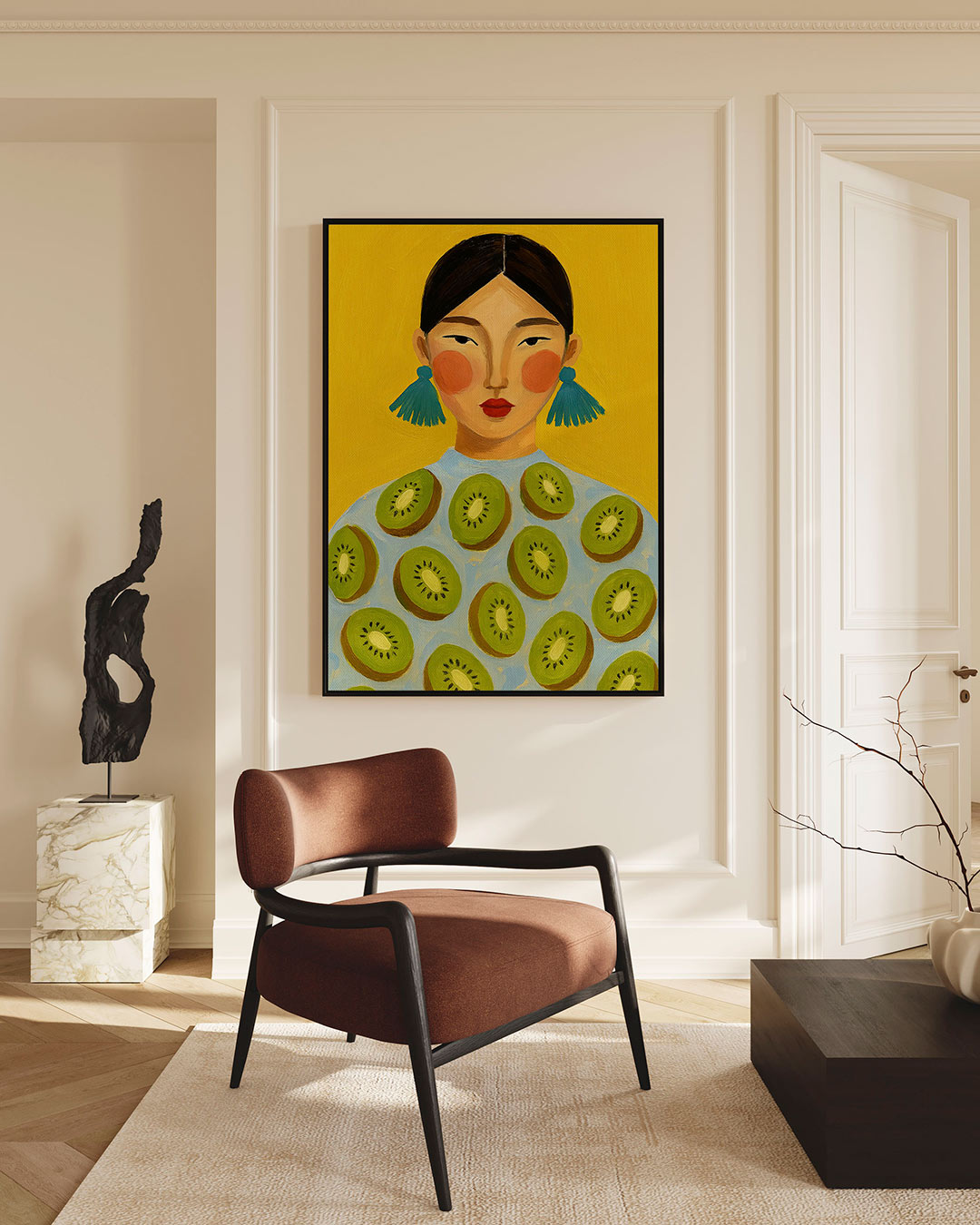 Vrouw met kiwi's Kunstwerk