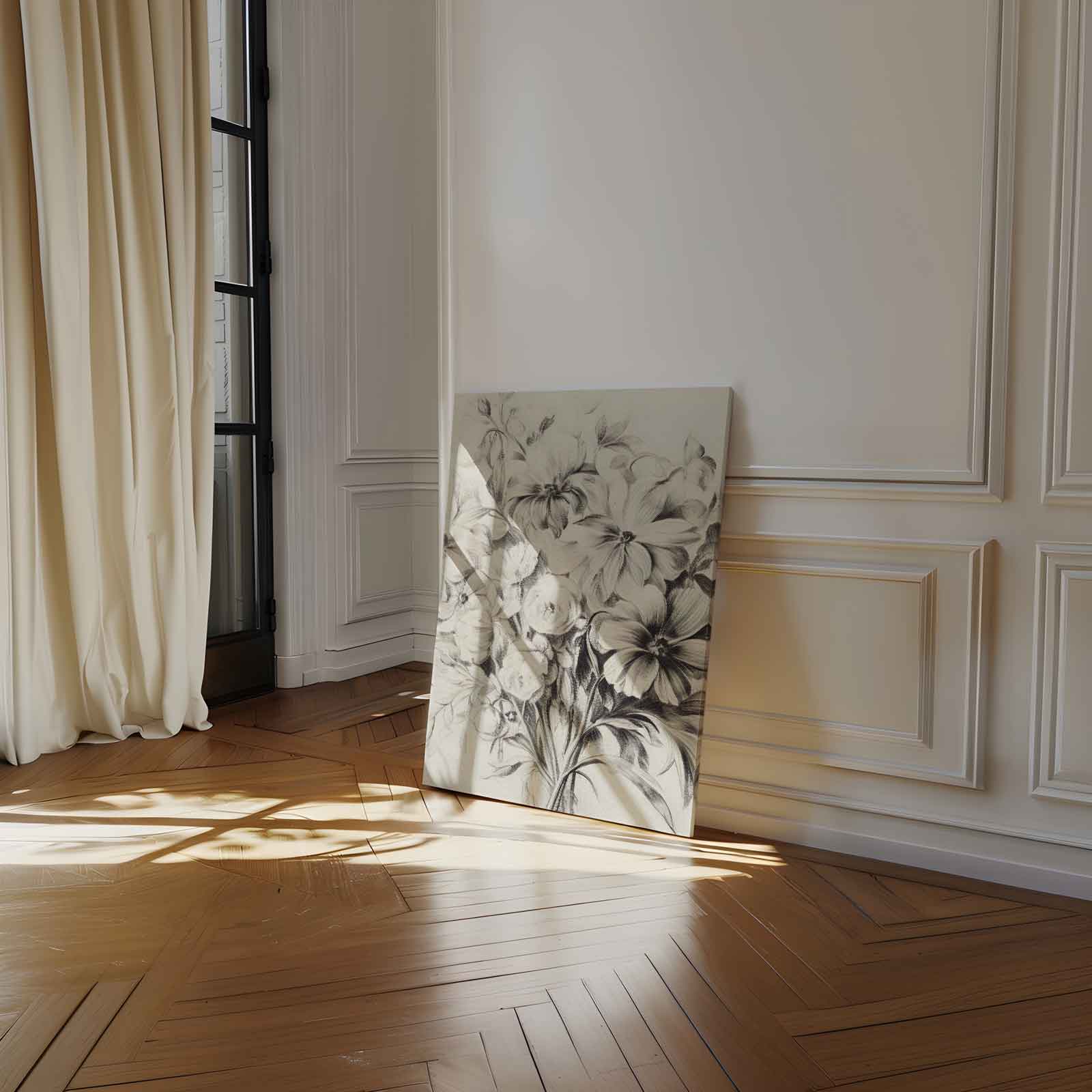Bloemrijke Potloodtekening Kunstwerk-canvas-dibond-plexiglas-wanddecoratie-WallArtistic
